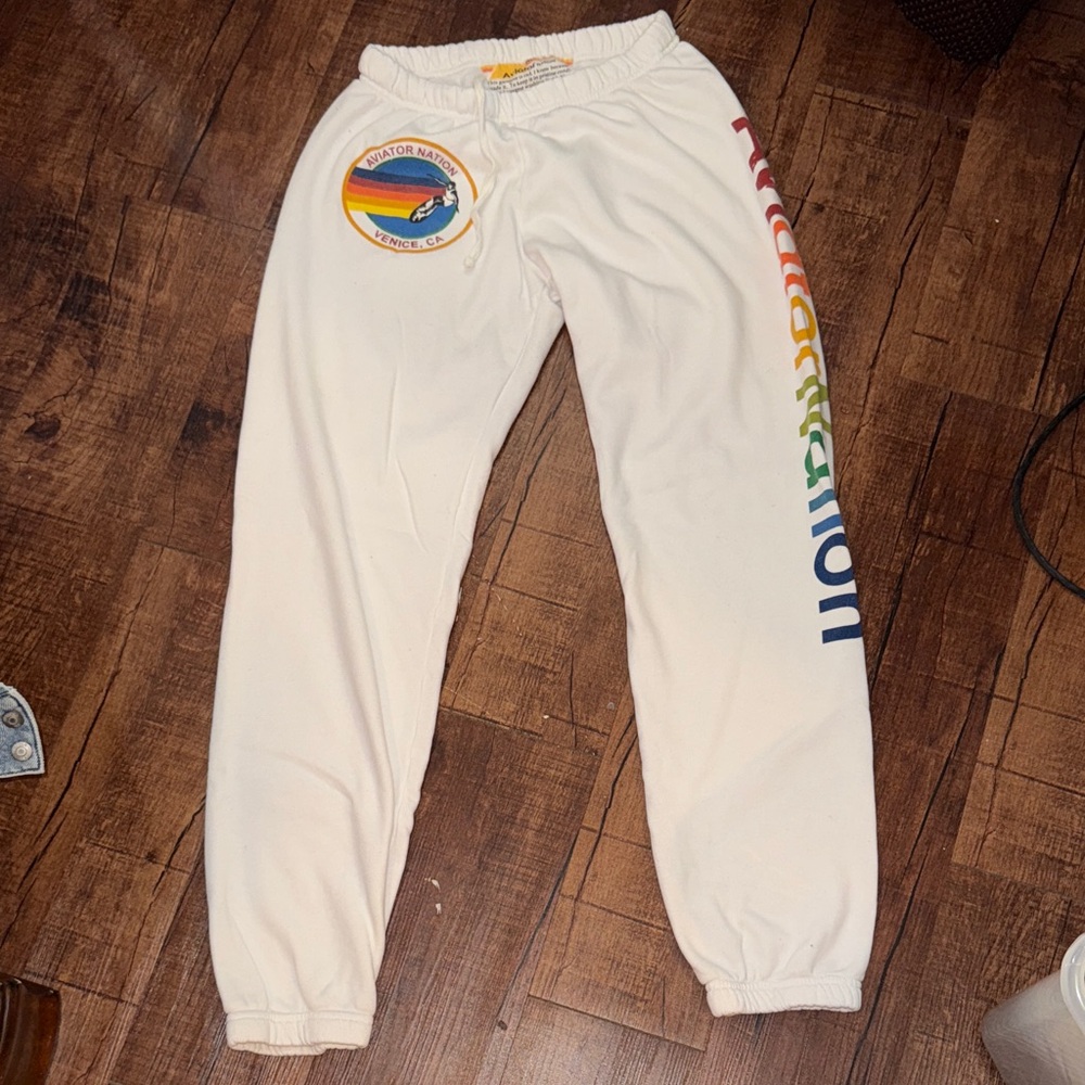 Aviator Nation Cream Joggers with Rainbow Lettering